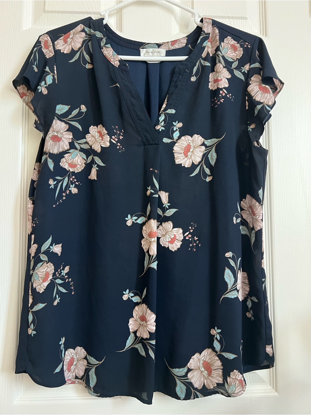 Van Heusen Navy Floral V-Neck Short Sleeve Blouse